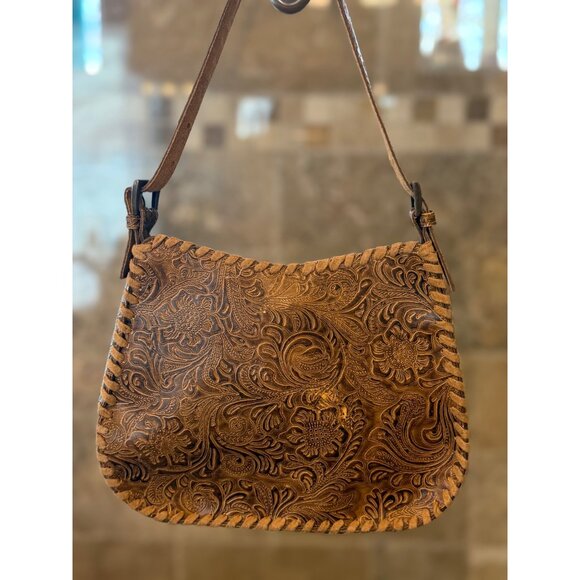 Vintage-Style Tooled Leather Handbag With Floral Design & Whipstitch Detail - Picture 4 of 6